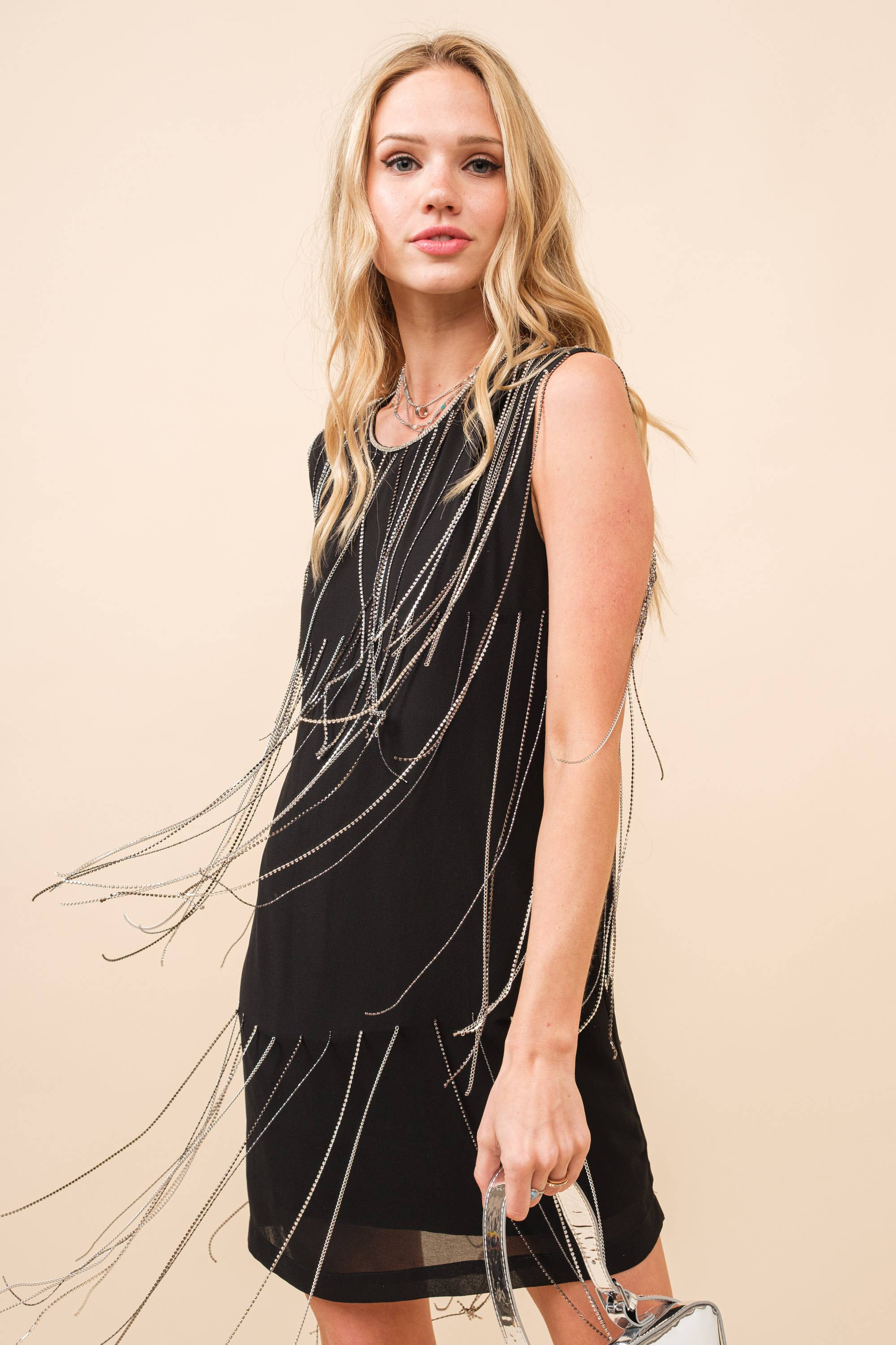 BLACK 22973D - Chain Rhinestone Fringe Shift Mni Dress for wholesale on Faire2