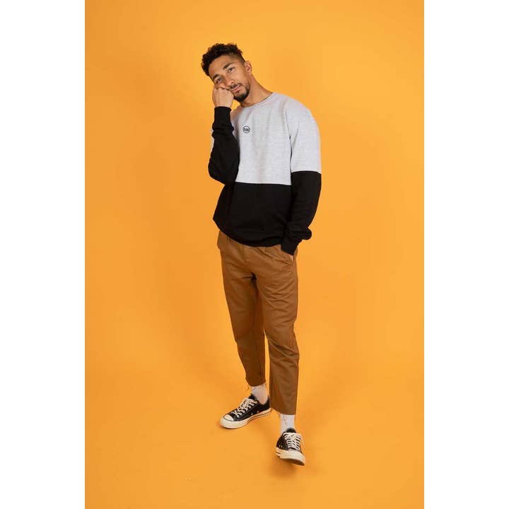 The Classics Crew Sweater - Embroidered Logo - Black x Grey Duotone Colourblock for wholesale by Plant Faced Clothing