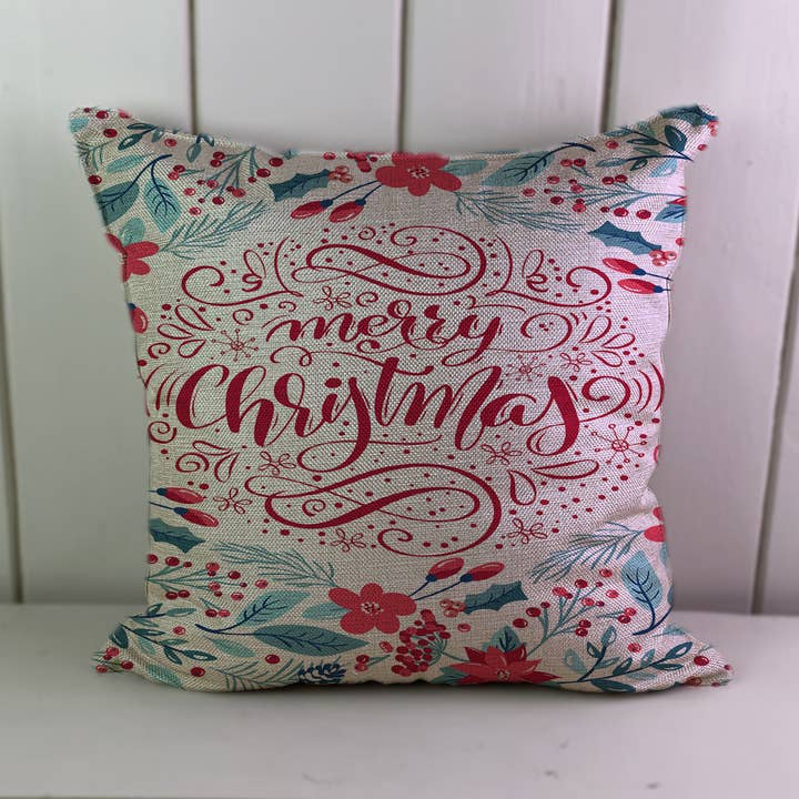 Funda de cojín de lino «Feliz Navidad» con flores, bayas y hojas para venta al por mayor de Hills Of Fabric