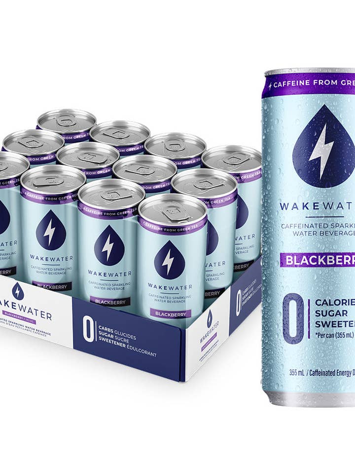 Blackberry Caffeinated Sparkling Water Beverage (12 Cans) for wholesale by WakeWater Beverage Co.