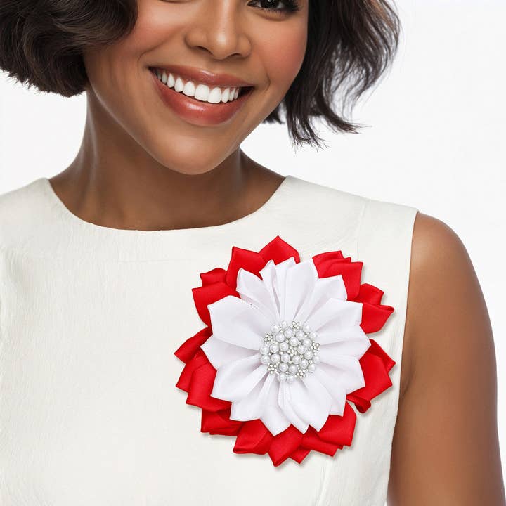 DST Sorority Red White Flower Pearl Brooch Women for wholesale on Faire