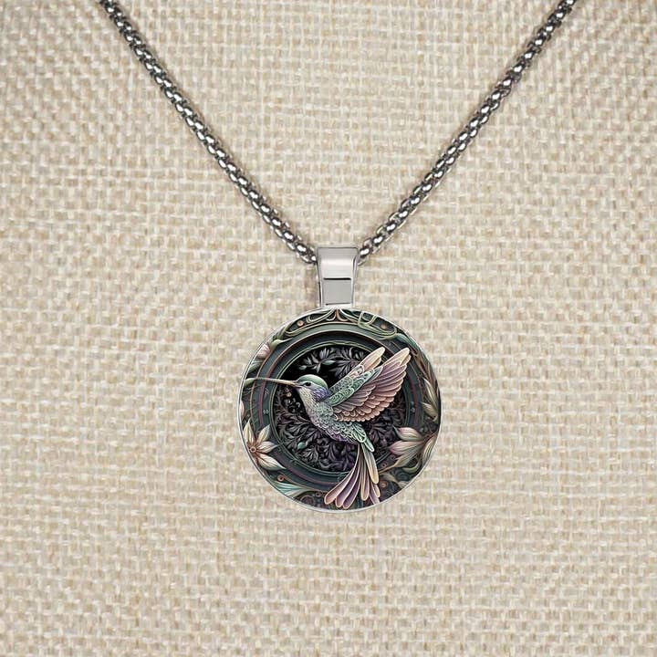 Intricate Highly Detailed Rainbow Holographic Hummingbird Boho Pendant, Stainless Steel Necklace, Length Choices for wholesale by Jewelry by Dawn