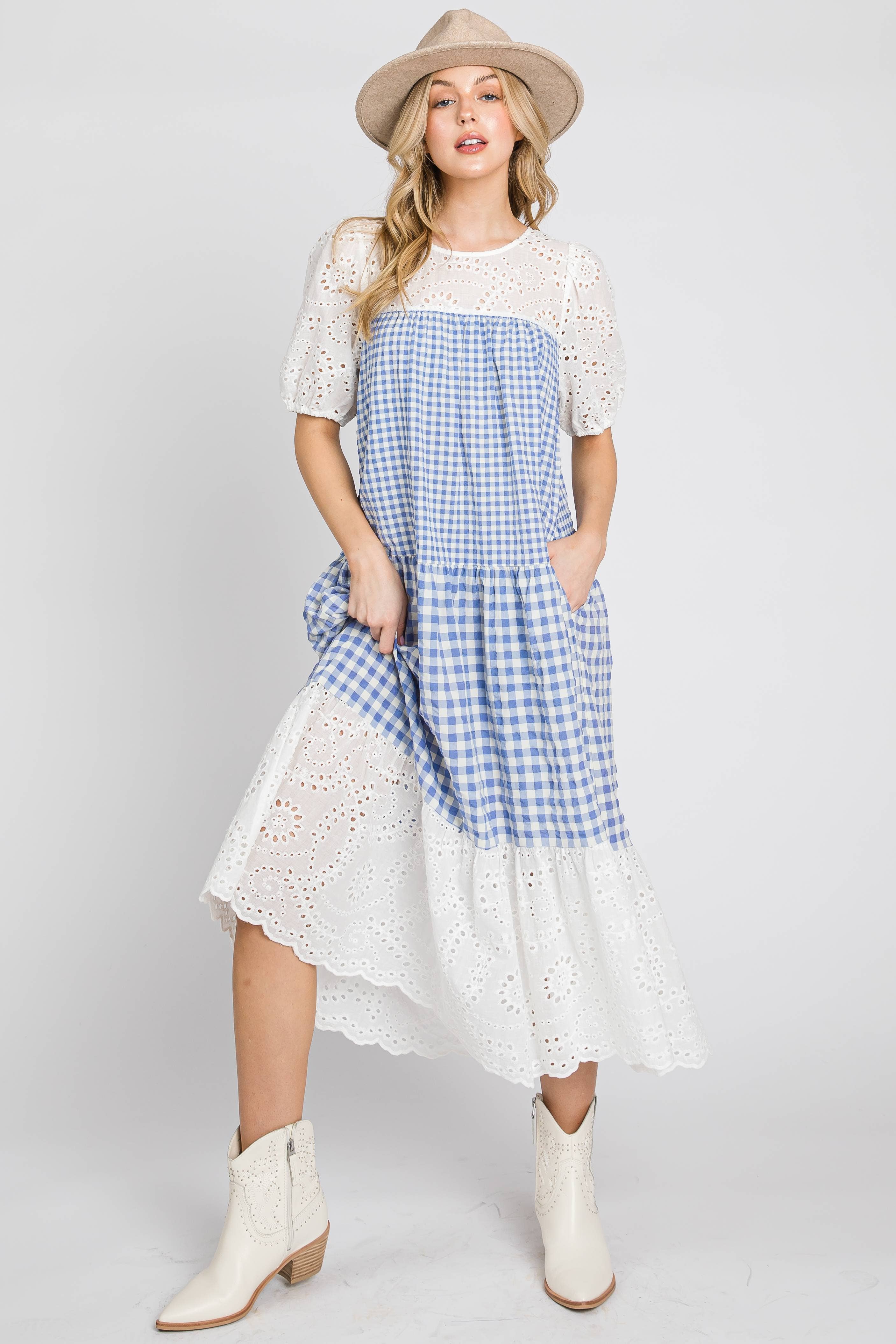 ELLEBORN - Wholesale Dress - Women's - Gingham with cotton eyelet midi dress  3127D-22