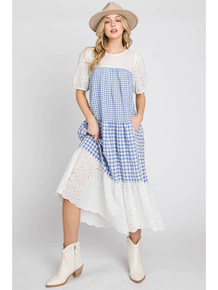 ELLEBORN - Wholesale Dress - Women's - Gingham with cotton eyelet midi dress 3127D-22