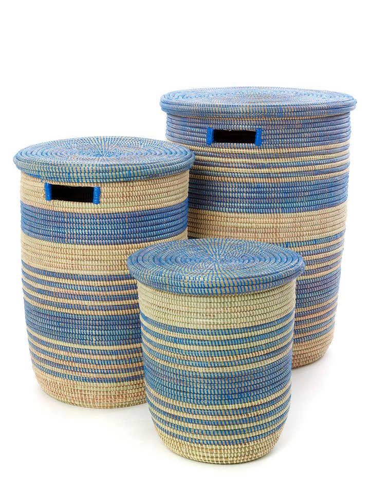 Set of Three Blue Ebb & Flow Striped Hampers for wholesale by African Modern
