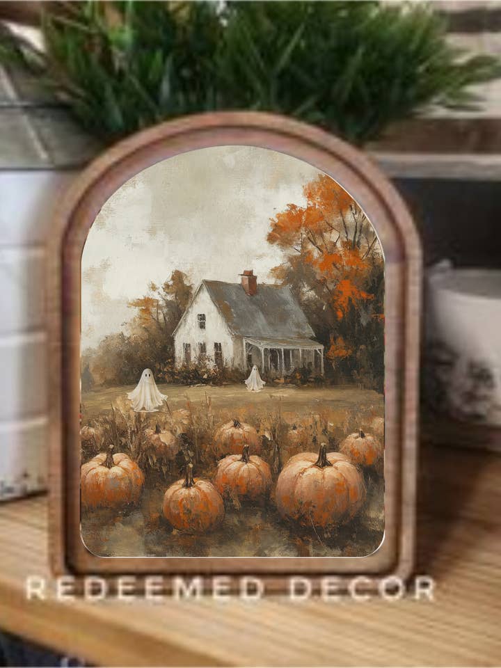 Arch Top Halloween Pumpkin Farmhouse Framed Art for wholesale by Redeemed Decor