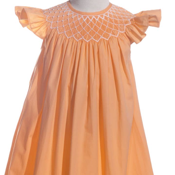 Orange Pearl Geometric Smocked Angle Wing Sleeve Dress for wholesale by Hello Bebes!