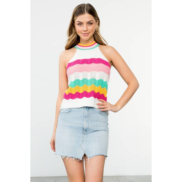 Krämfärgad ärmlös halterneckstickad topp med färgade randdetaljer för wholesale av THML