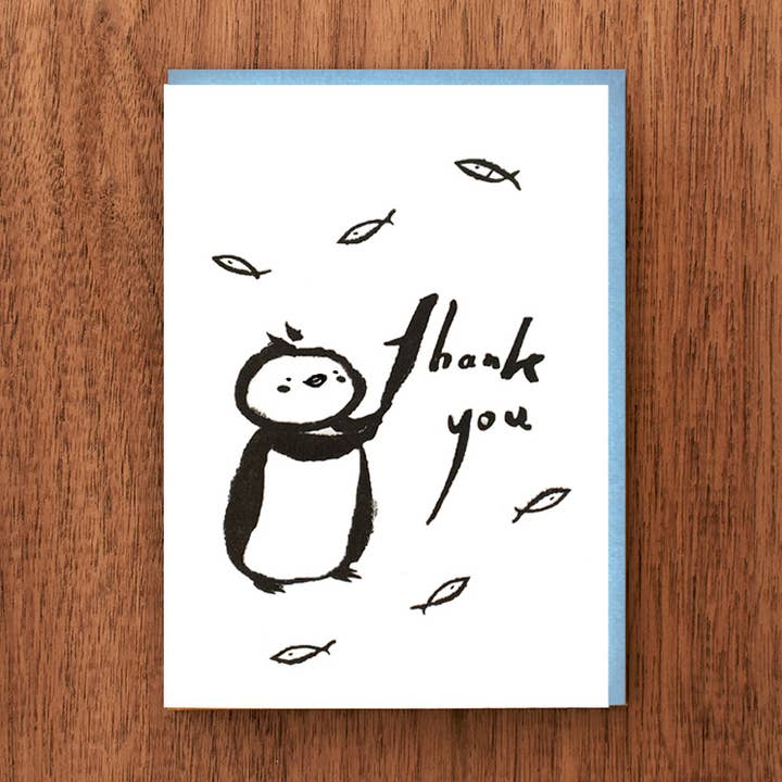 Letterpress Thank You Card: Penguin and Fish for wholesale by Fomato