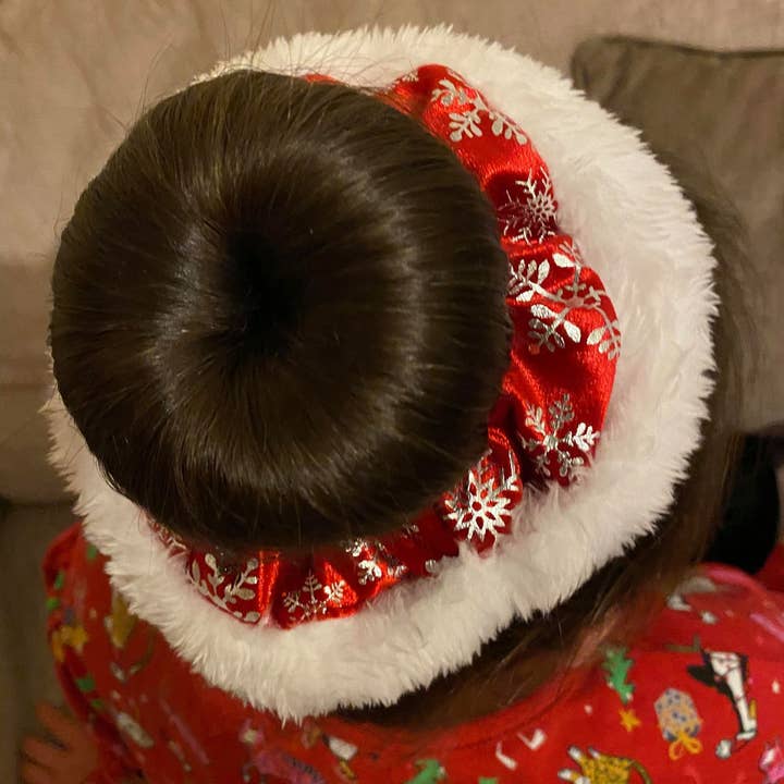 Christmas - Fluffy Velvet Scrunchie - Red & Silver Snowflake for wholesale by Bowtastic Hair Accessories