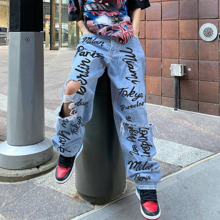 Tourtiwi - Wholesale Jeans - Women's - Distressed brushed letters print hip-hop jeans