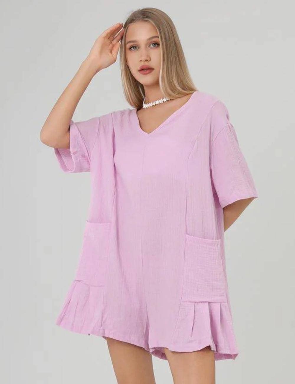 Sweetkama - Wholesale Romper - Women's - Flouncy Shapeless V-Neck Draped Sleeves Romper SKJ1818