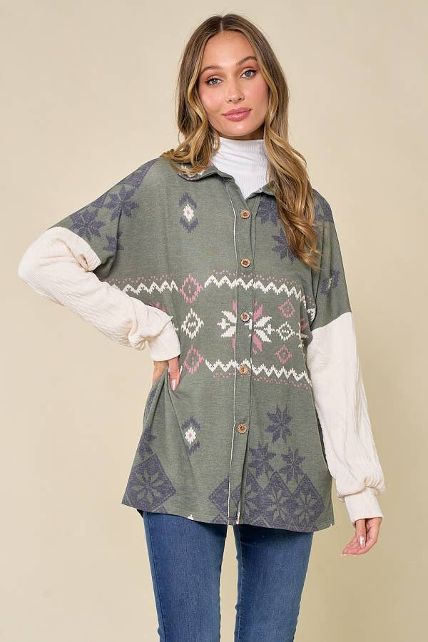 lovely melody - Wholesale Shirt Jacket/Shacket - Women's - LMT3653-Snowflake shacket Print4