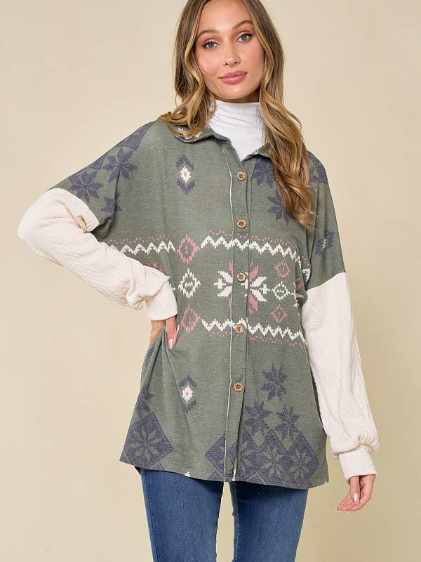 lovely melody - Wholesale Shirt Jacket/Shacket - Women's - LMT3653-Snowflake shacket Print4