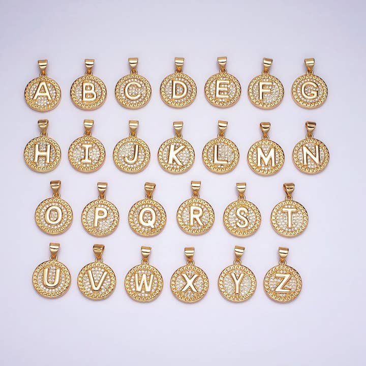 16K Gold Filled Initial Letter A-Z Micro Paved Curb Link Round Coin Pendant | A-442-A-454 for wholesale by Aim Eternal