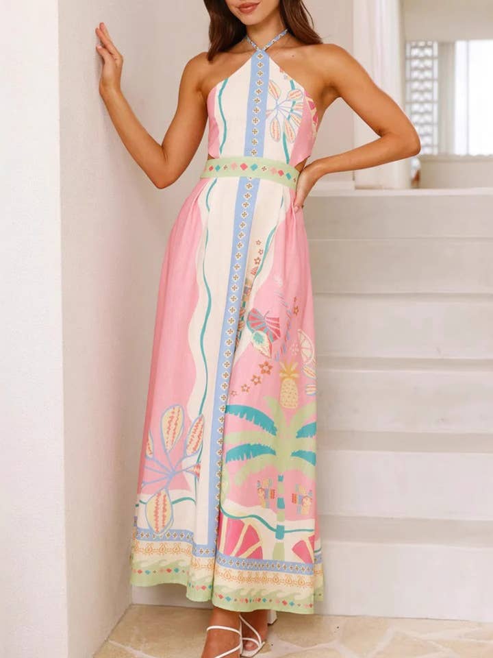 PINK Halter halter long hollowed waist dress for wholesale on Faire