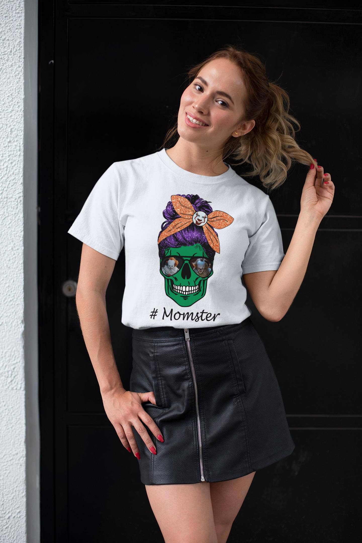 White Pennywise Skull Momster Messy Bun Shirt, Horror Mom for wholesale on Faire2
