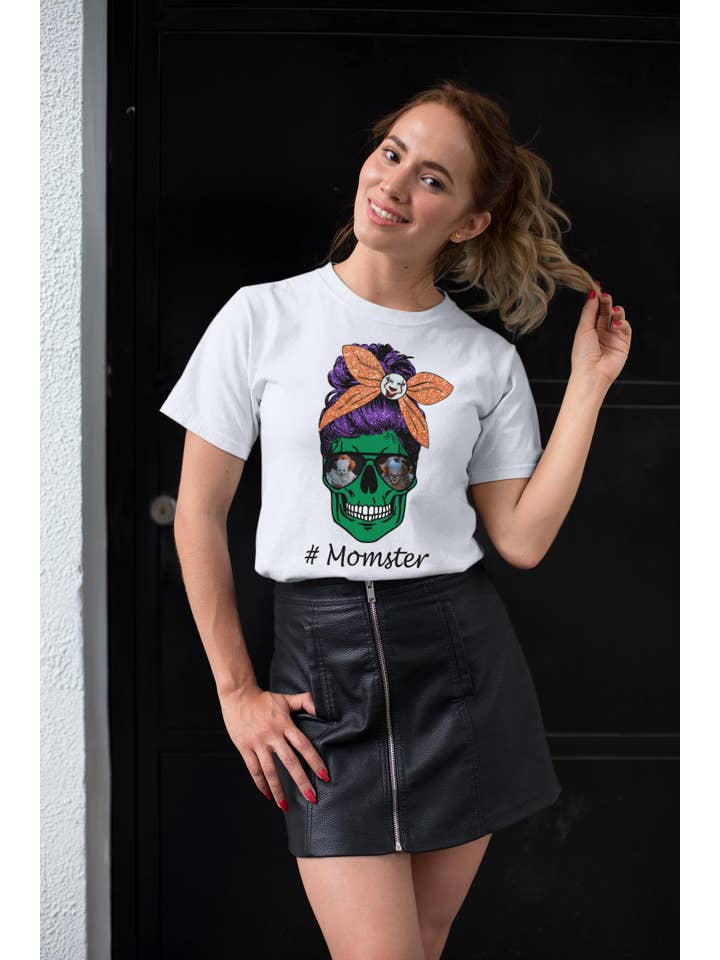 White Pennywise Skull Momster Messy Bun Shirt, Horror Mom for wholesale on Faire2