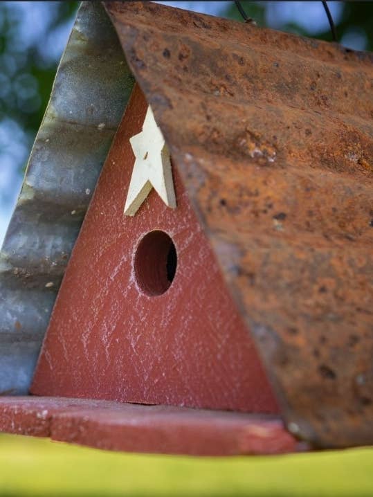 Triangle Reclaimed Wood & Corrugate Metal Wren House (SM11A) for wholesale by Flying Heart Threads