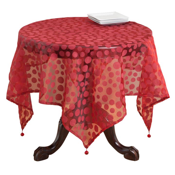 Burgundy Flocked Dot Organza 54" Tablecloth for wholesale by Fennco Styles