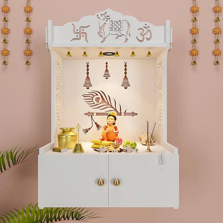 Krishna's Grace Wooden Wall Mounted Home Temple - White for wholesale by GoGlocal