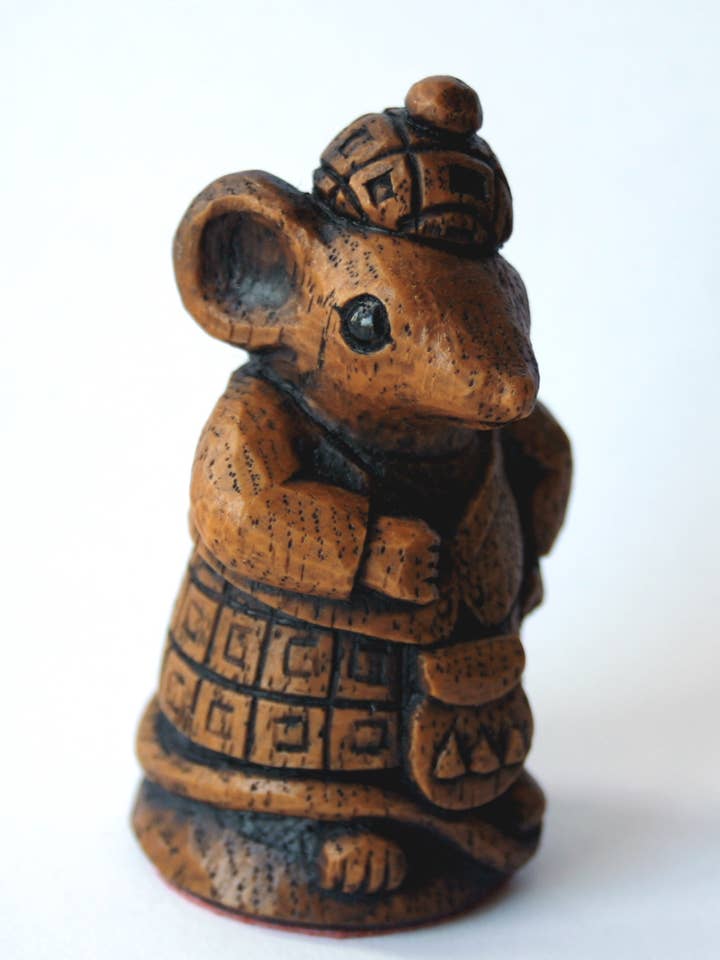 Scottish Highlander Mouse . Reproduction carving Ornament. for wholesale by Oakapple Designs Ltd