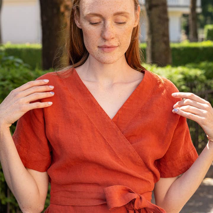 menique - Venta al por mayor Blusa - Mujer - Blusa kimono de lino Lila con cintura cruzada y manga corta4