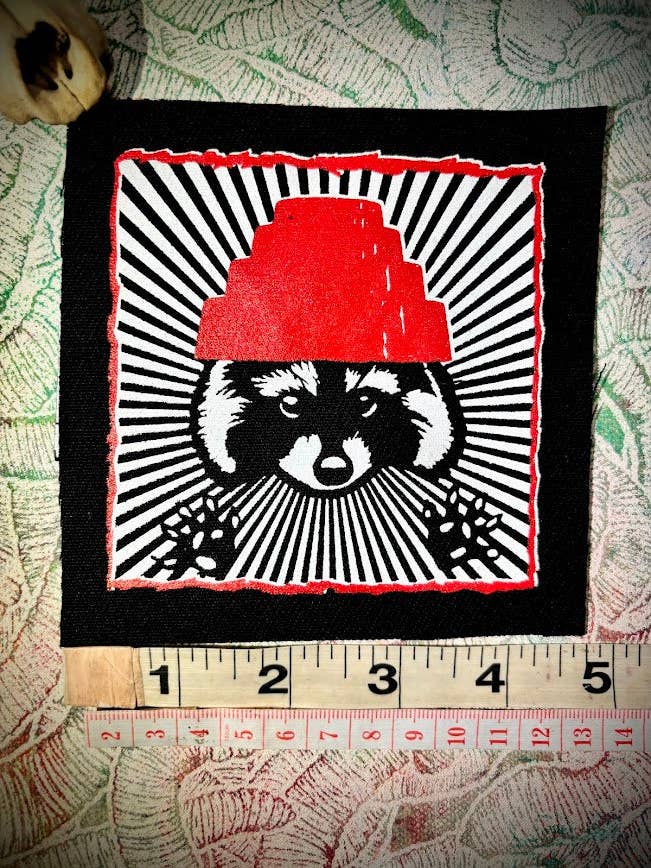 Are We not Trashy? Raccoon with a Devo hat patch. for wholesale by Three Raccoons