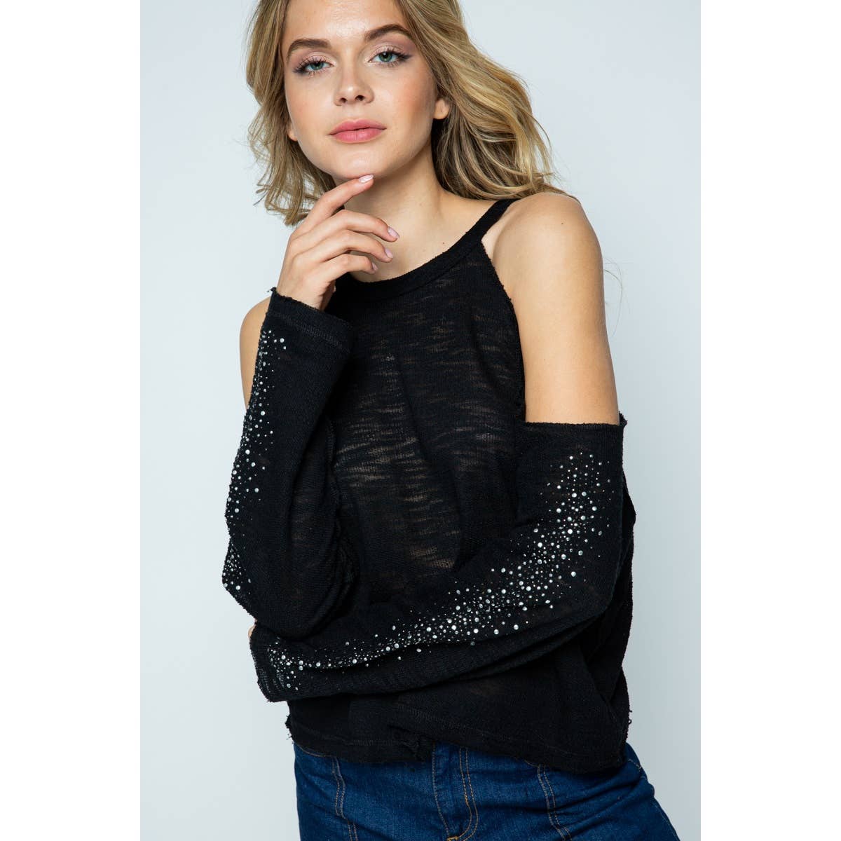 BLACK COLD SHOULDER LONG SLEEVE CROP TOP WITH STONES for wholesale on Faire3