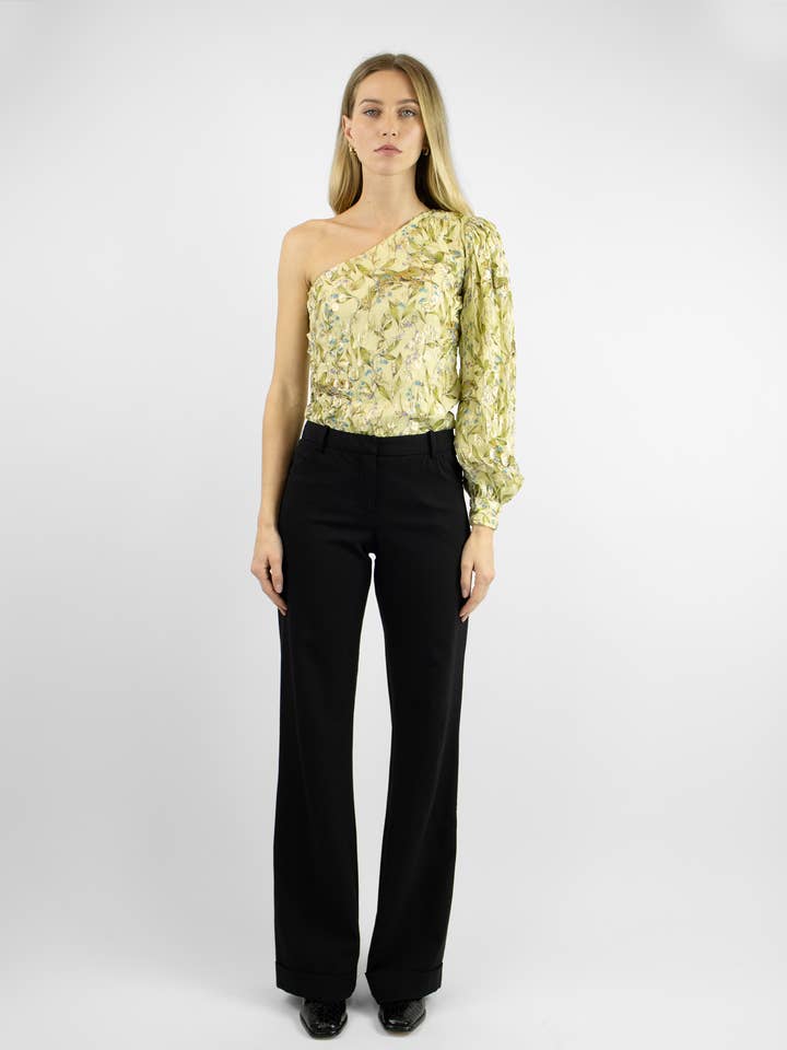 Valentina One-Shoulder Ethereal Green Lurex Blouse for wholesale by Arara