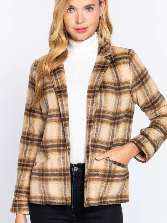 Tpe Taupe brown Long Sleeve Notched Collar Plaid Jacket for wholesale on Faire