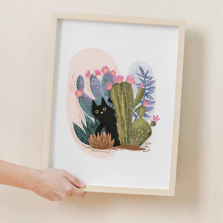 Black Cat Cacti Art Print for wholesale by Anna Cheng Design