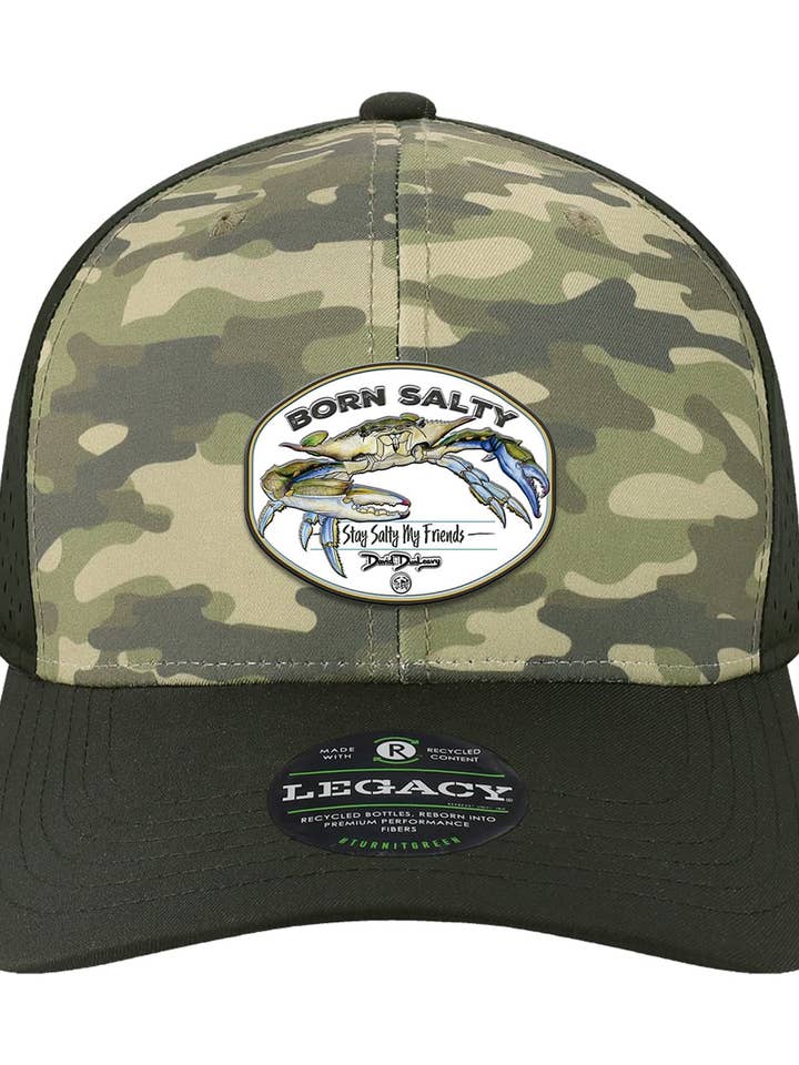 Born Salty Blue Crab Performance Dark Olive Green Camo Hat for wholesale by David Dunleavy