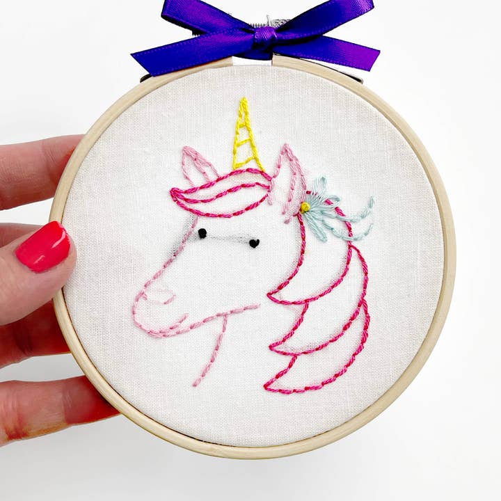 Unicorn 4-inch embroidery kit for wholesale by Penguin & Fish