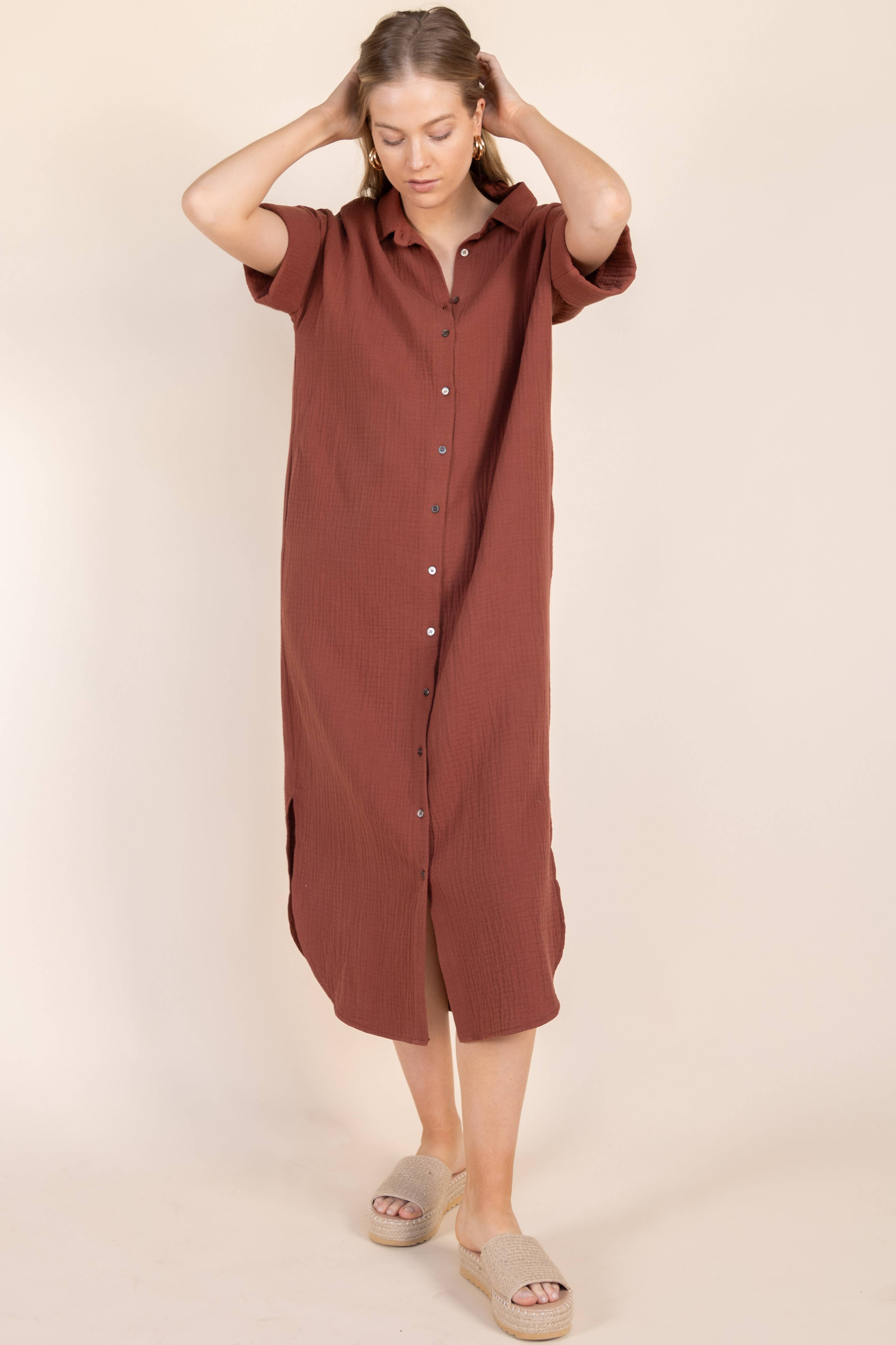 Before You Collection - Wholesale Dress - Women's - 3-Ply Heavy Gauze Button Up Shirt Dress15