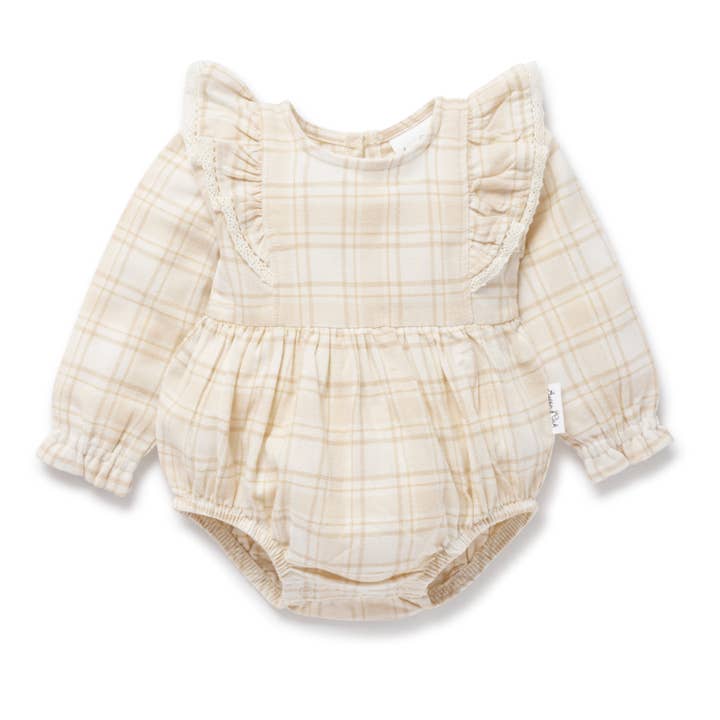 Beige Plaid Bubble Ruffle Flannel Romper for wholesale on Faire