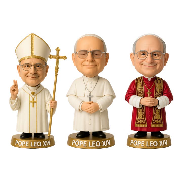 Figurines à tête branlante du Pape Léon XIV pour la vente par Lemonsoda