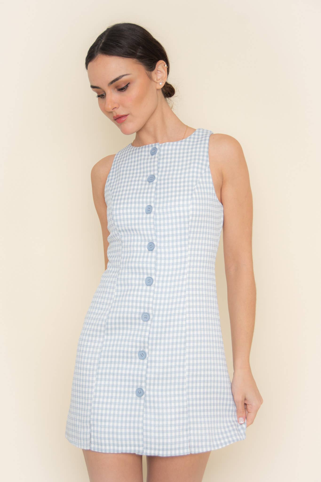 Fore Collection - Wholesale Dress - Women's - GINGHAM CHECKER BUTTON CLOSURE TANK MINI DRESS-DI9935FO26