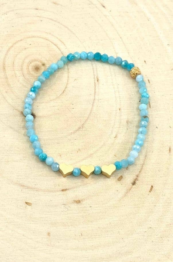 BMR - Wholesale Beaded Bracelet - 3mm Amazonite Beads With 3 Tiny Gold Heart Beads0