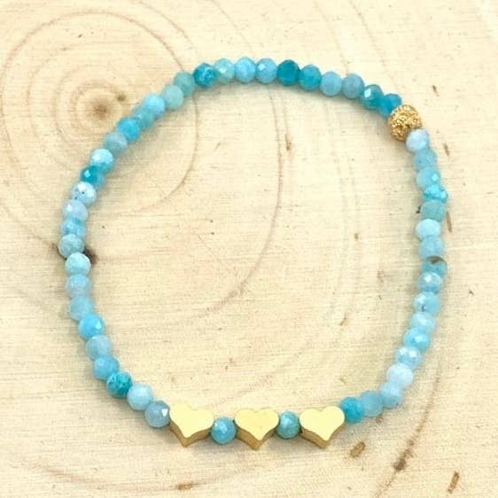 BMR - Wholesale Beaded Bracelet - 3mm Amazonite Beads With 3 Tiny Gold Heart Beads0