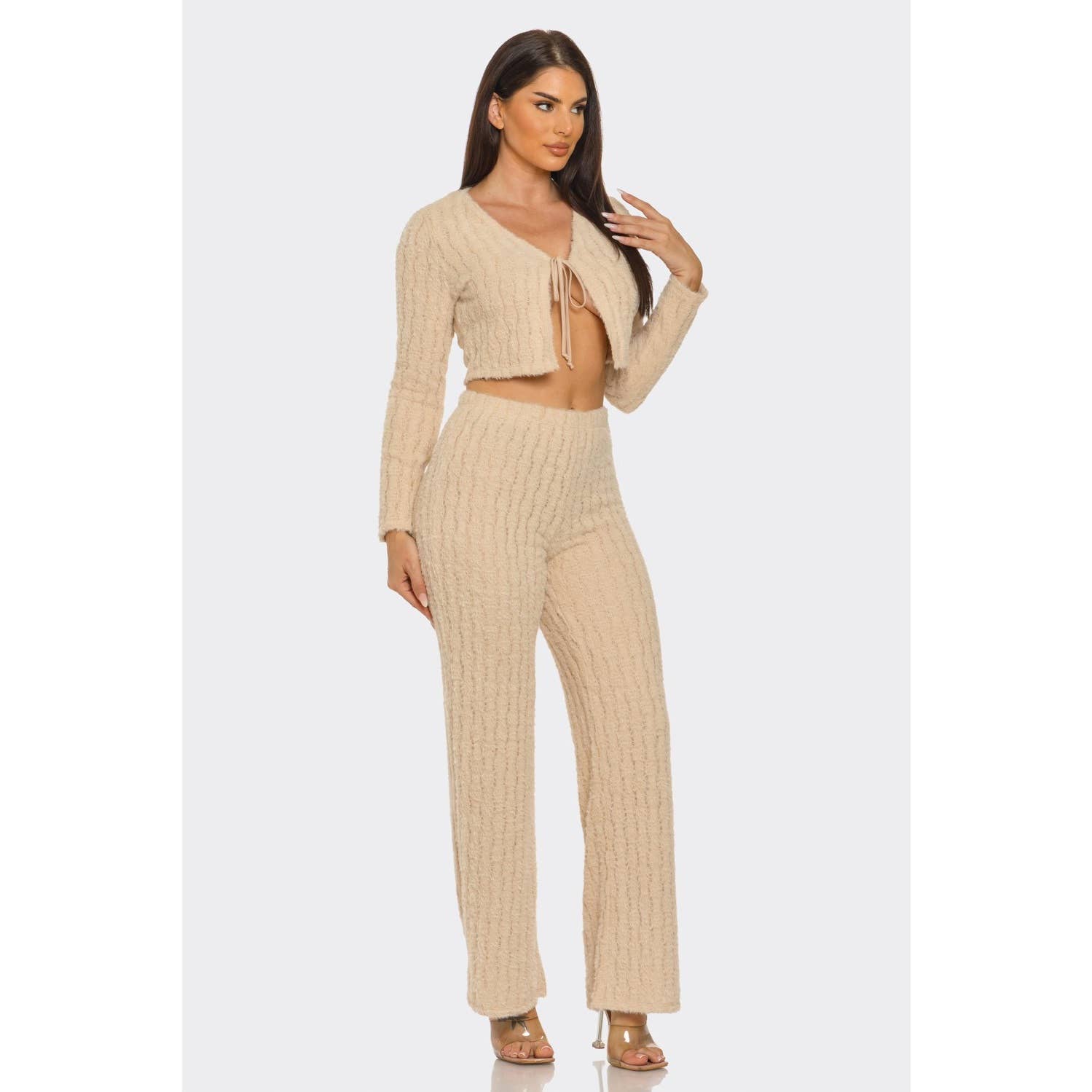 DORCAS – Engroshandel Top- og buksesæt (IKKE Loungewear) - Dame – Åben front spaghetti bindetop og bukser med vidde sæt1