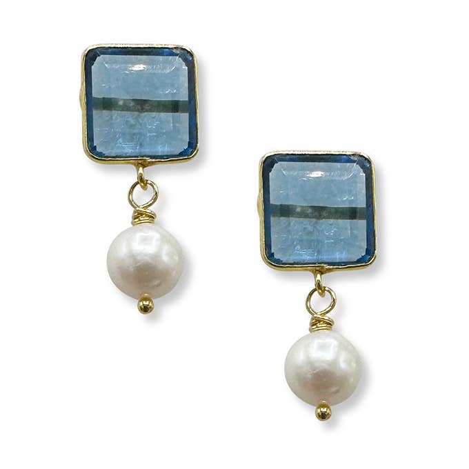 370-BLUE-G | BLUE CRYSTAL & PEARL DROP EARRING for wholesale by Girl With A Pearl
