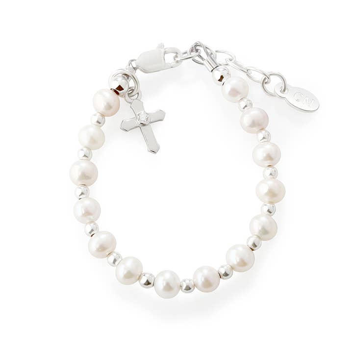 Cherished Moments – Großhandel Perlenarmband – Kinder – Silbernes Baby-Kreuzarmband für Mädchen, Geschenk zur Taufe und Kommunion