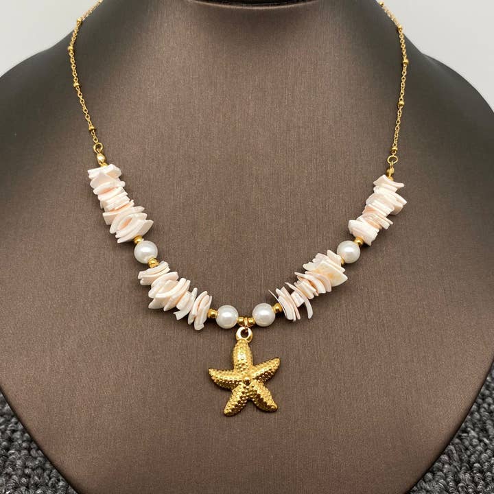 Starfish Charm Pearl & Shell Beaded 18K Golden Necklace -FGS for wholesale by Mio Queena