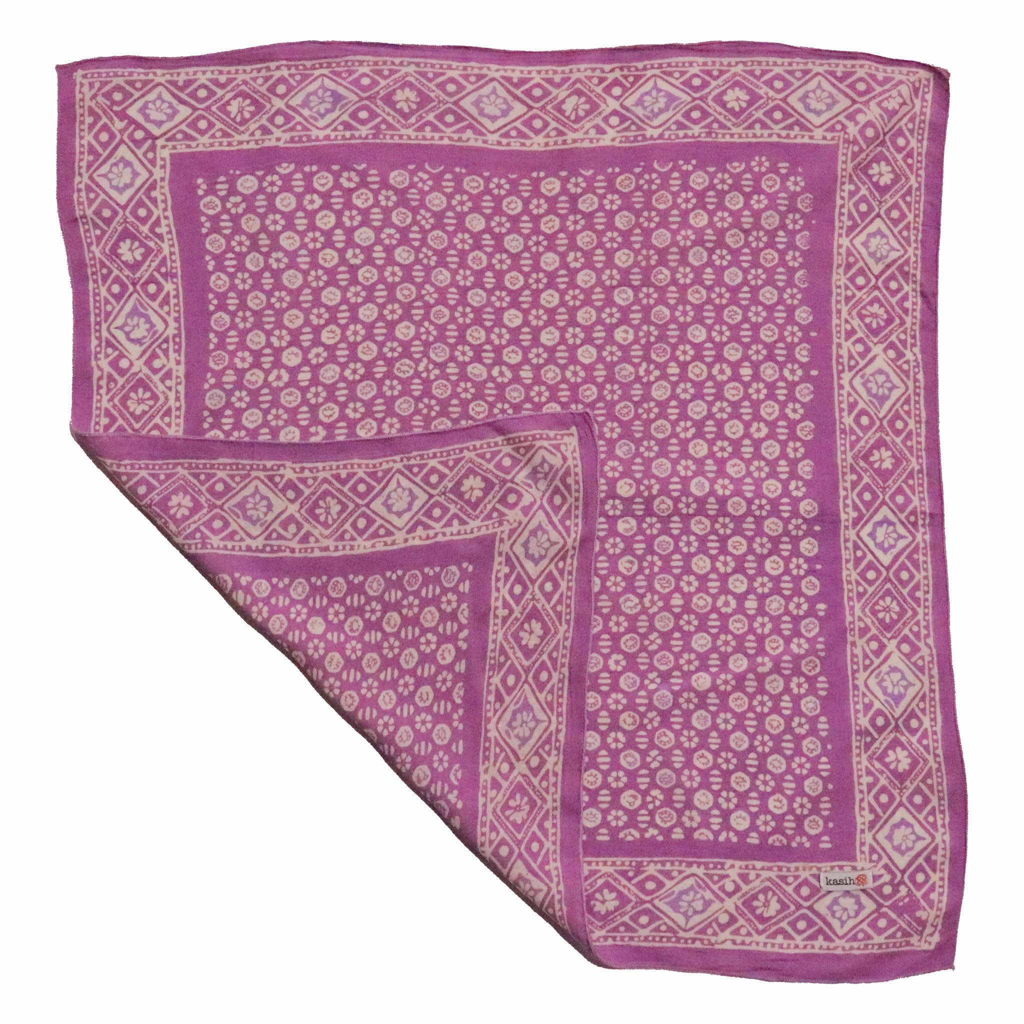Kasih Co-op - Vente Bandana – femme - Bandana batik teint à la main, 100 % coton doux, motif floraison intemporelle, violet lilas lavande rose2