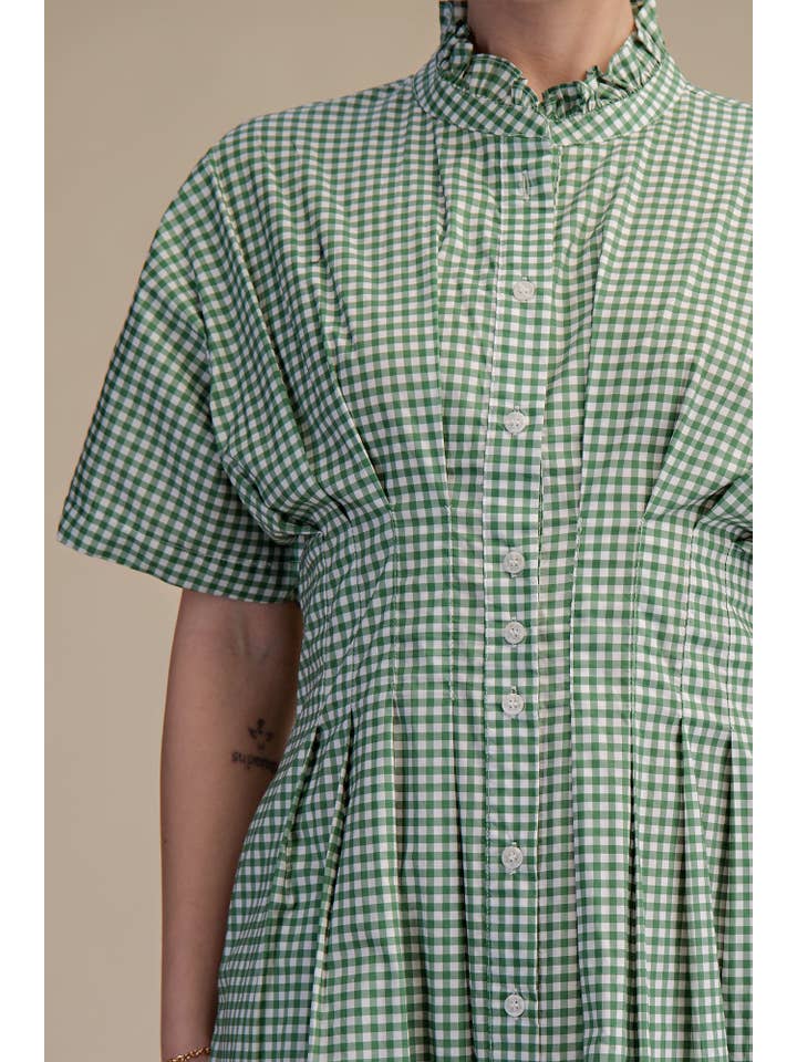 Glam - Wholesale Dress - Women's - Gingham Check Ruffle Neck Waist Pleated Midi Dress10