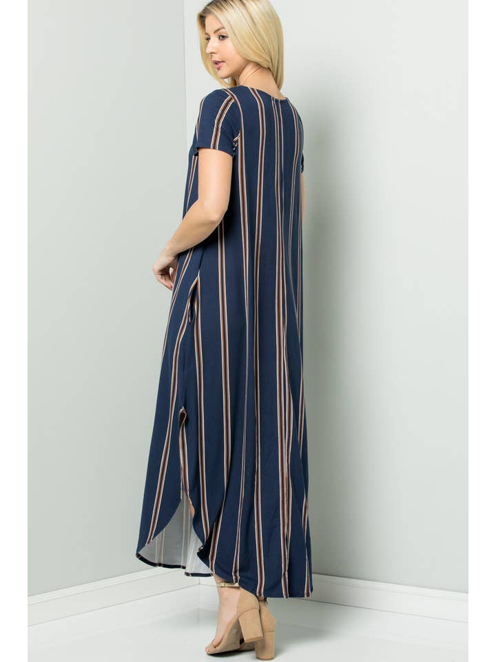 NAVY D02308 Striped Round Neck Maxi Dress with Side Pockets for wholesale on Faire5