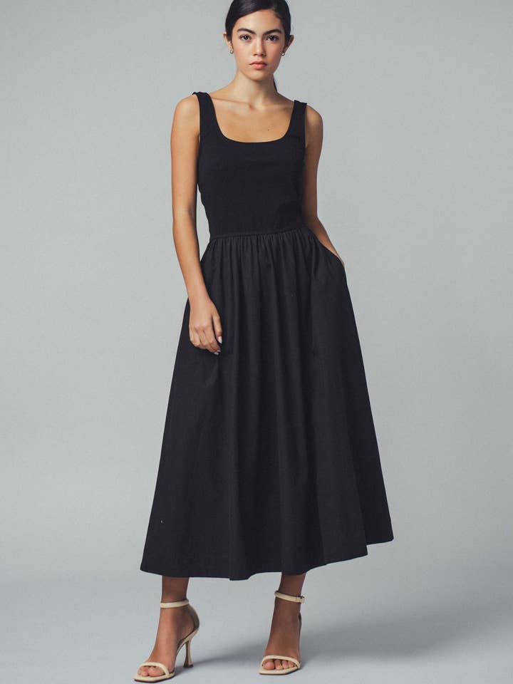 Urban Daizy - Wholesale Dress - Women's - Elegant Square Neck Cotton Blend Gathered Waist Midi Dress