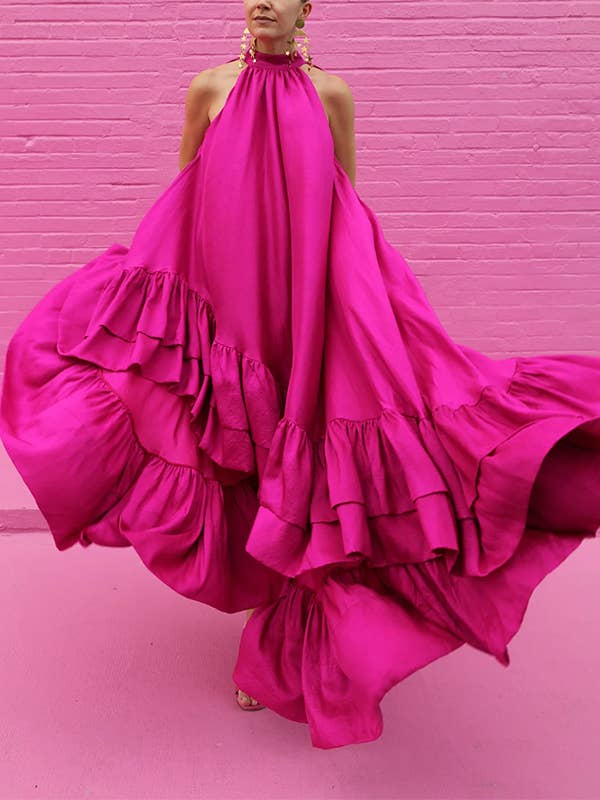 PINK Falbala Stand Collar Maxi Dress for wholesale on Faire