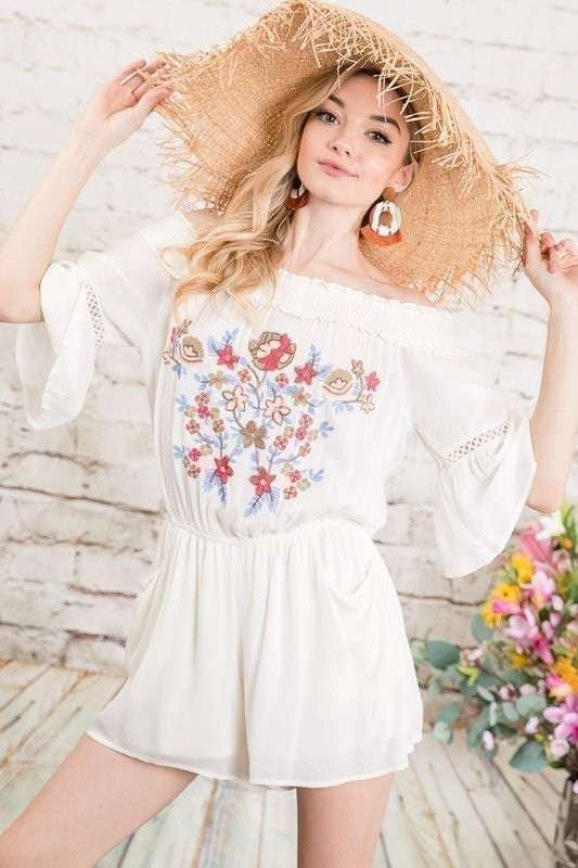 Beige FLORAL EMBROIDERED CUTOUT OFF-SHOULDER ROMPERS for wholesale on Faire1